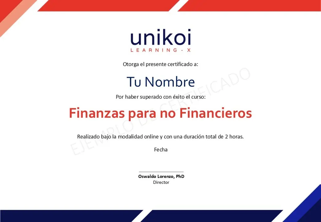 Certificado Unikoi - Finanzas para no Financieros ejemplo